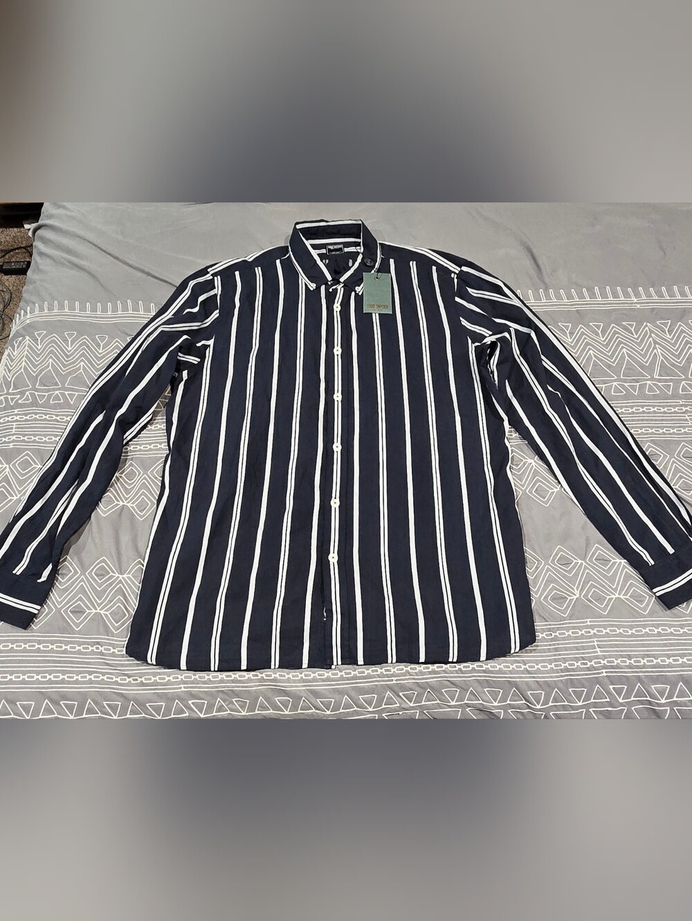 Todd Snyder Navy Satin White Stripe Button Down Size XL - Picture 1 of 8